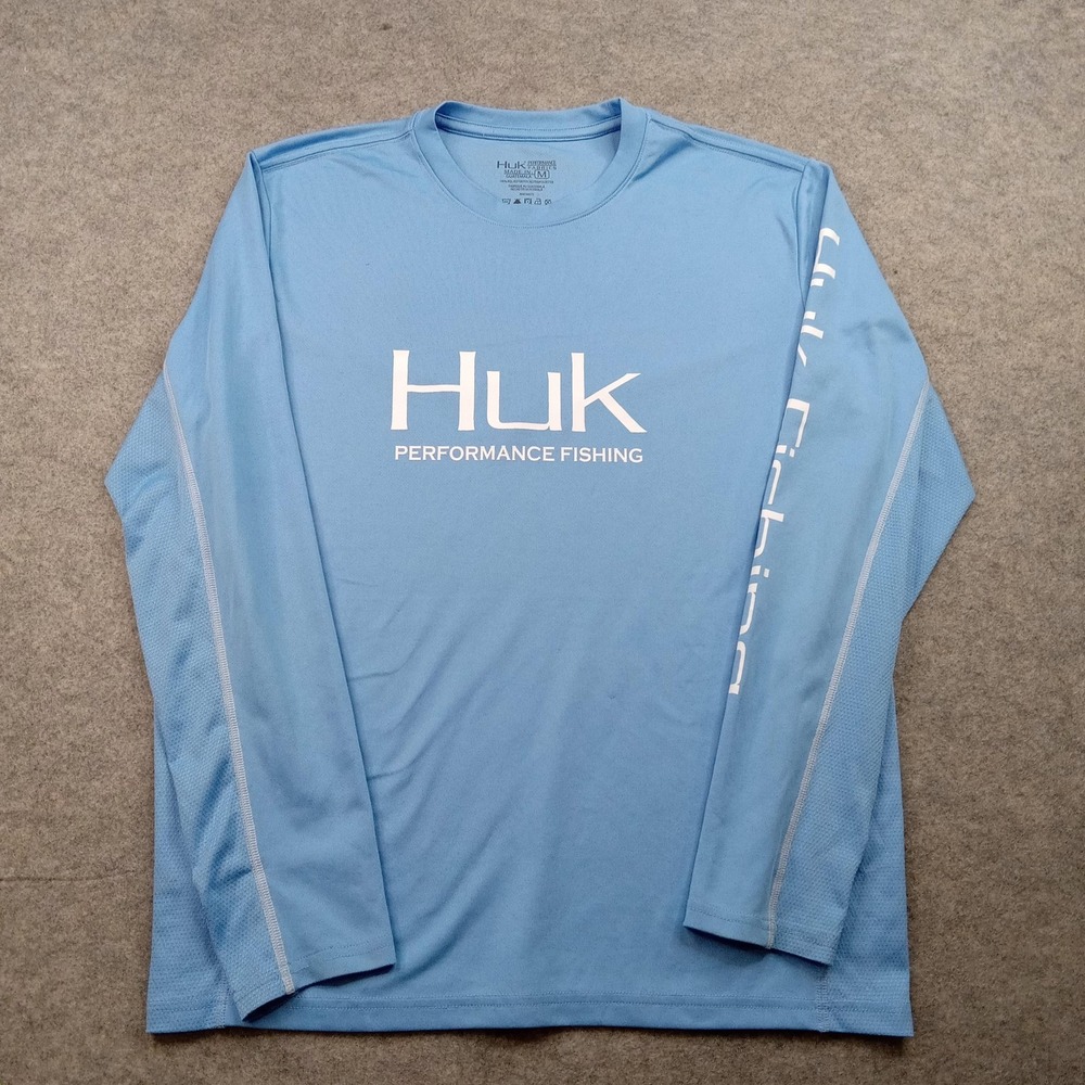 Huk Shirt Mens Medium Blue Performance Fishing Long Sleeve Athletic Crew‎ Top